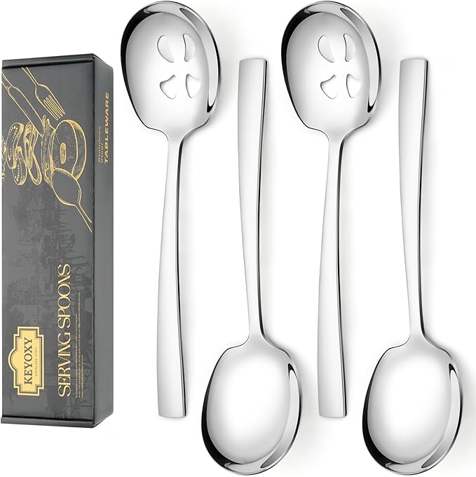 4 Piece Stainless Steel Serving Spoons Set - 2 Large, 2 Slotted, 9.2-Inch, Dishwasher Safe, for