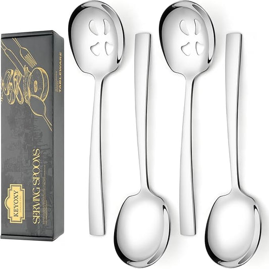 4 Piece Stainless Steel Serving Spoons Set - 2 Large, 2 Slotted, 9.2-Inch, Dishwasher Safe, for