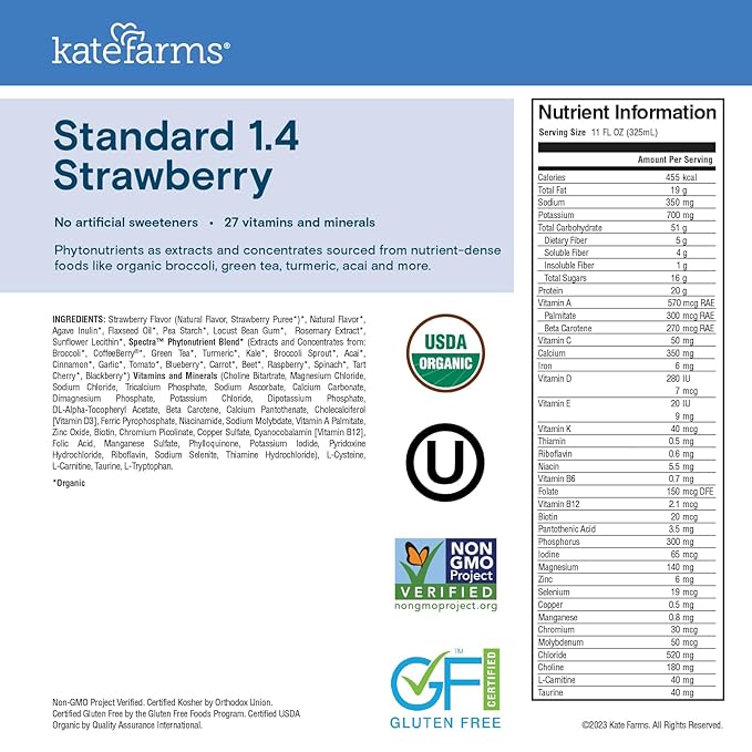 KATE FARMS Organic 1.4 High Calorie Nutrition Shake, Strawberry, 20g Protein, 27 Vitamins and