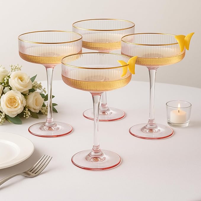 Khen Ribbed Vintage Art Deco Coupe Glasses - Martini, Champagne & Cocktail Ribbed Glasses 8oz |