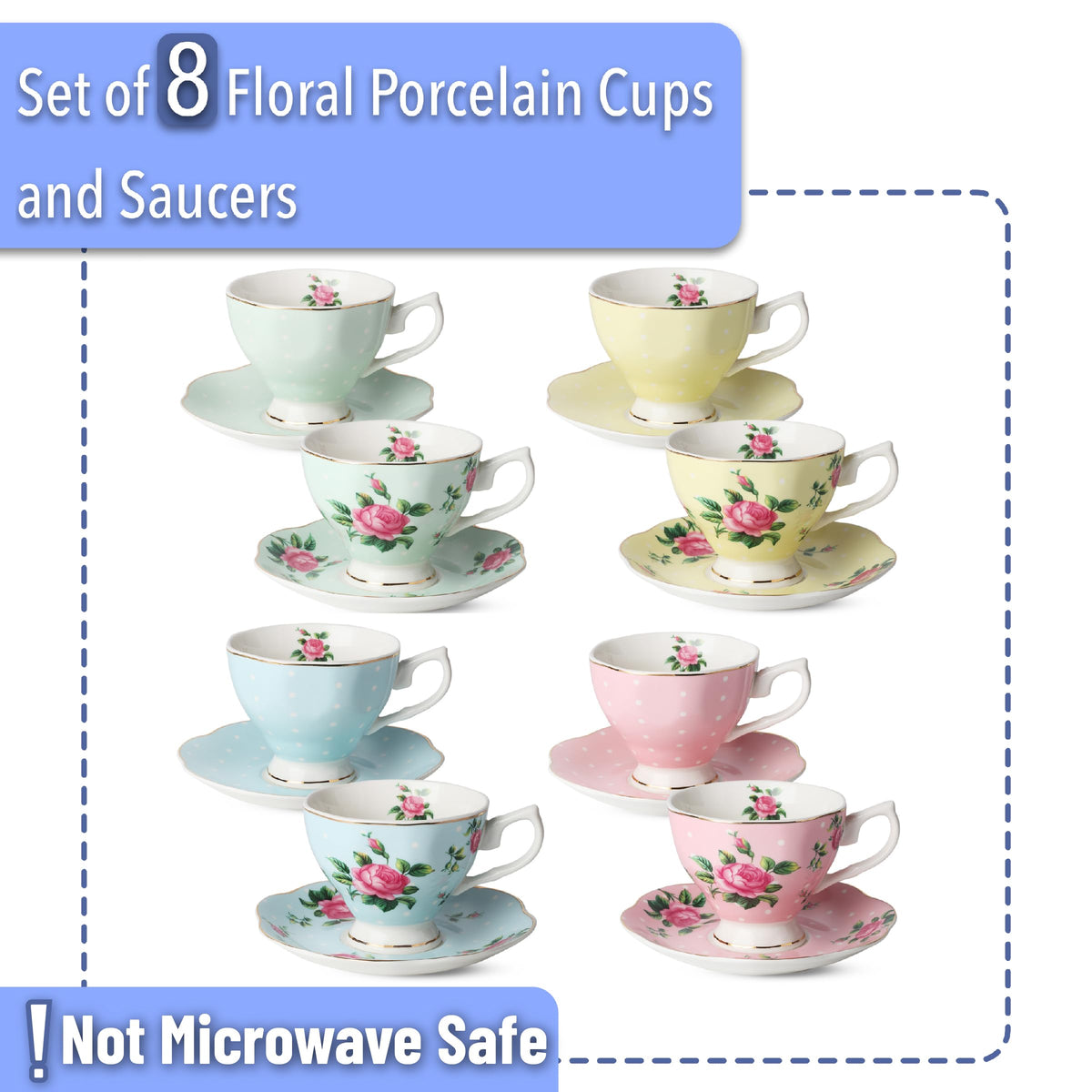 BTaT- Floral Tea Cups and Saucers, Set of 8, 8 oz
