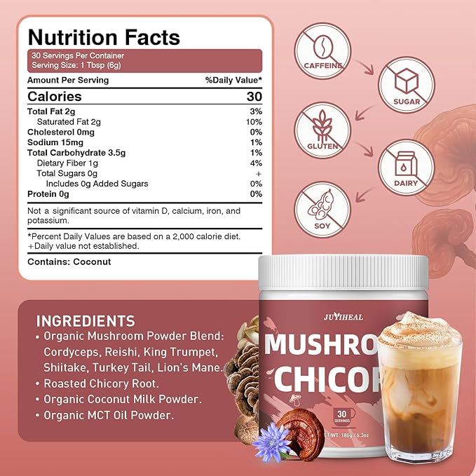 JUYIHEAL Mushroom Chicory, Mushroom Chicory Coffee 6 Mushrooms with Chicory Root for Energy, Focus