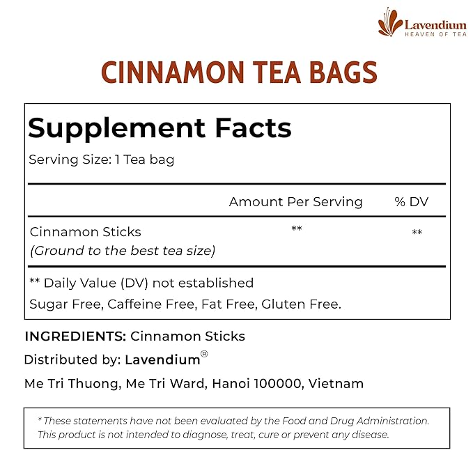 Lavendium, 30 Pure Cinnamon Tea Bags, Made of 100% Natural Cinnamon Sticks, Herbal Tea, No