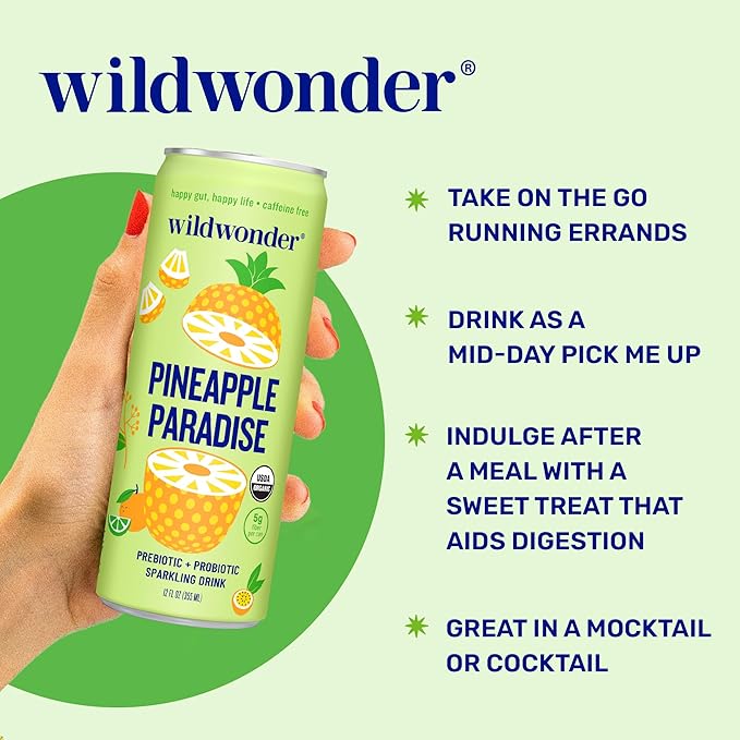 wildwonder Sparkling Probiotic Drink 12pk, For Gut Health & Immune Support, Pineapple Paradise, 5g