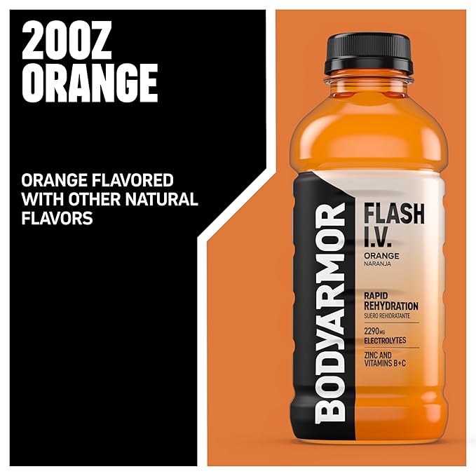 BODYARMOR Flash I.V. Electrolyte Beverage, Orange, Hydration Drink with Coconut Water For Rapid