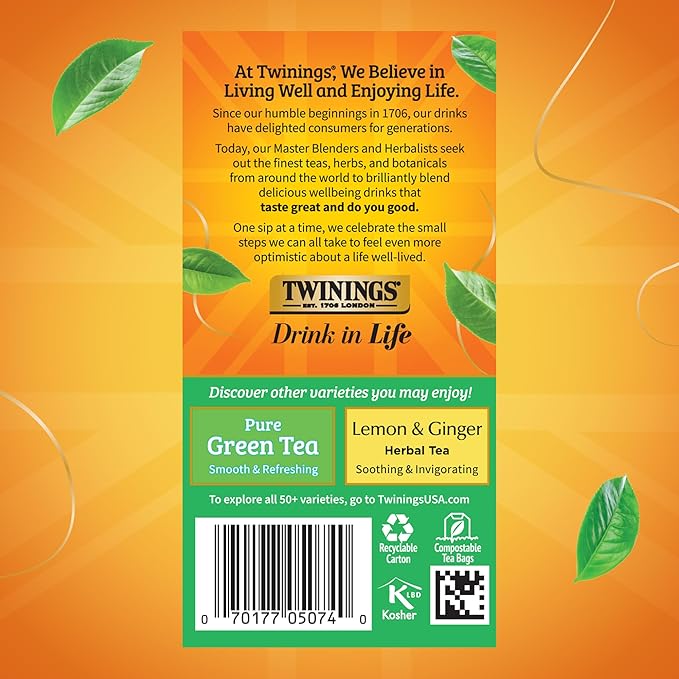 Twinings Green Tea with Jasmine Individually Wrapped Bags, 20 Count (Pack of 6), Fragrant Floral