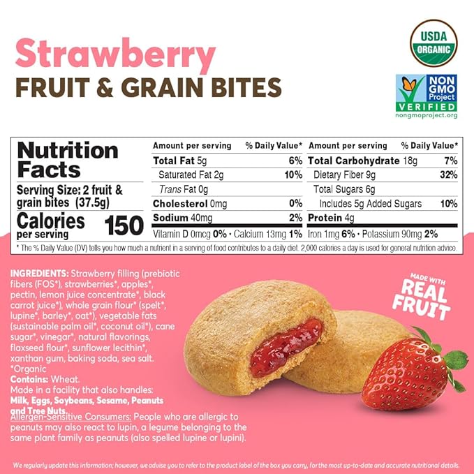 Olyra Strawberry Organic Fruit Bars, Prebiotic High Fiber Snack, Gut Health, Fruit Filled & Whole