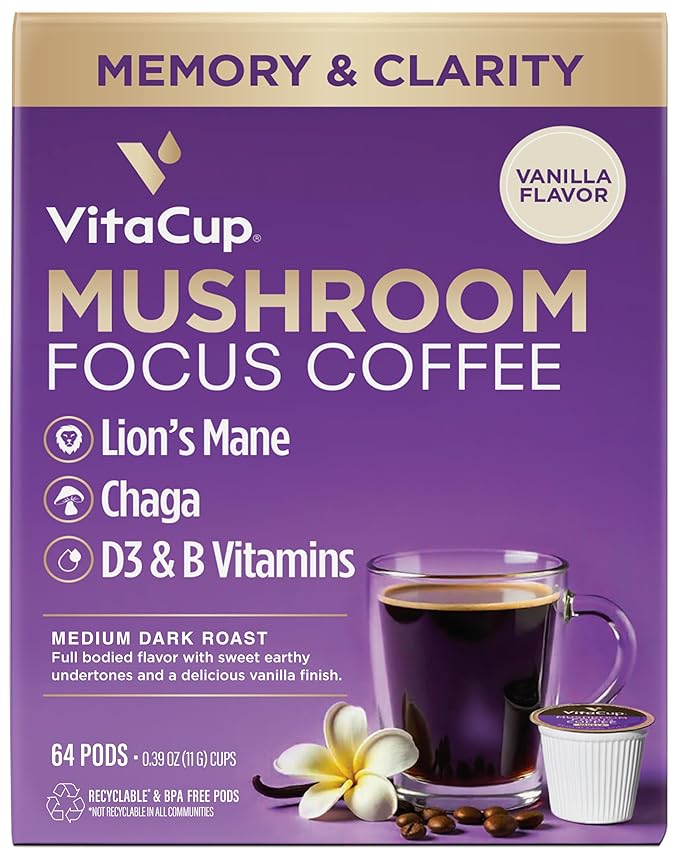 VitaCup Focus Mushroom Coffee Pods, Vanilla Flavored Coffee with Chaga, Lion’s Mane, Vitamins