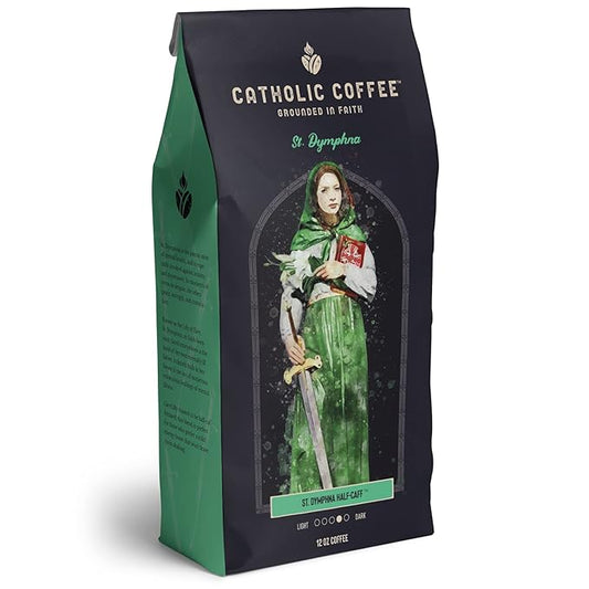 Catholic Coffee St. Dymphna | Half Decaf Medium Roast Ground Coffee ??Nutty & Citrus Notes | 12oz