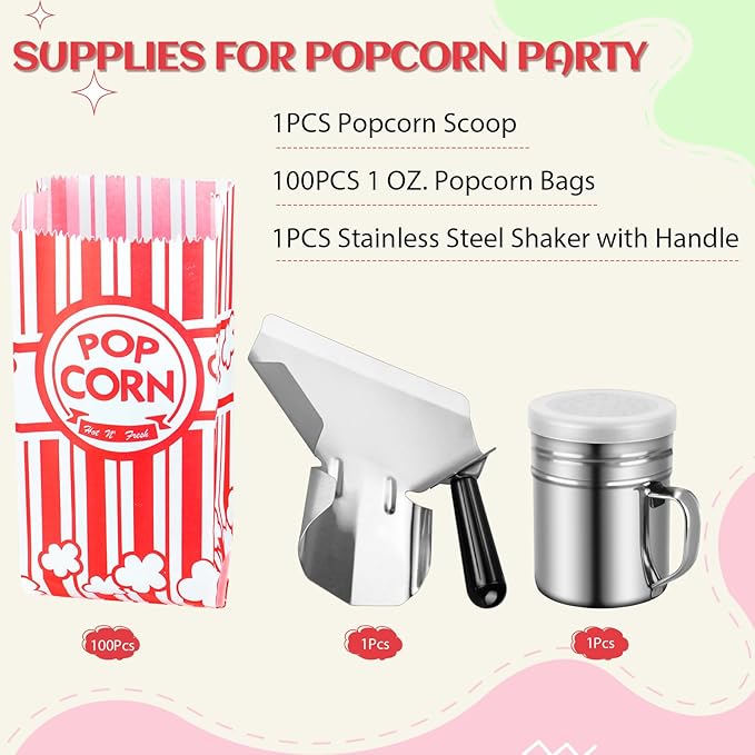 102 Pcs Popcorn Bags with Popcorn Scoop and Salt Shaker,1 oz Small Pop Corn Bags Popcorn Bags