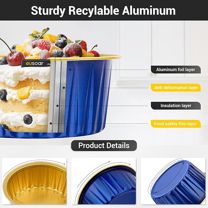 EUSOAR Disposable Ramekins with Lids, Royal Blue 50pcs 5oz Creme Brulee Ramekins Disposable, Muffin