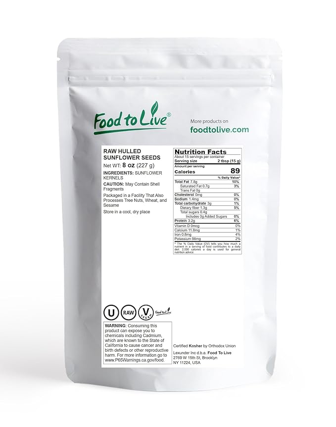 Food to Live Sunflower Seeds, 8 Ounces – Non-GMO Verified, Kernels, No Shell, Kosher, Raw, Vegan