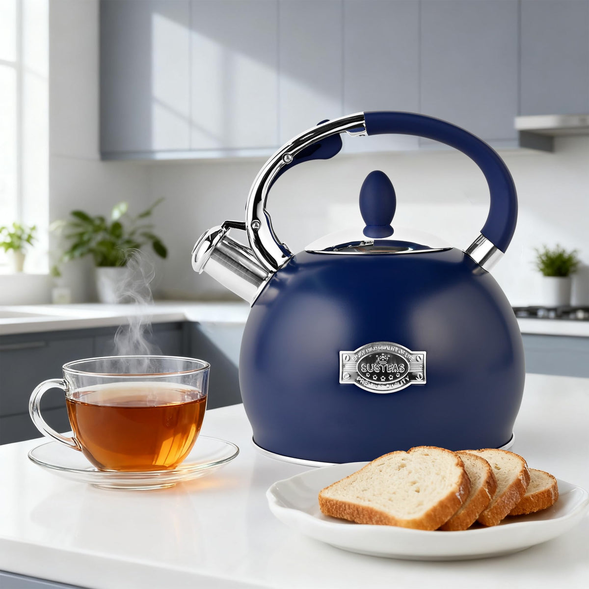 SUSTEAS Whistling Tea Kettle, 2.7QT Food-Grade Steel Teapot, NAVY BLUE