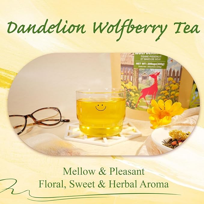 WT WEETEE Dandelion Wolfberry Tea, 10g * 20 Count Corn Firbe Tea Bags, Multiple Brewing, Made from