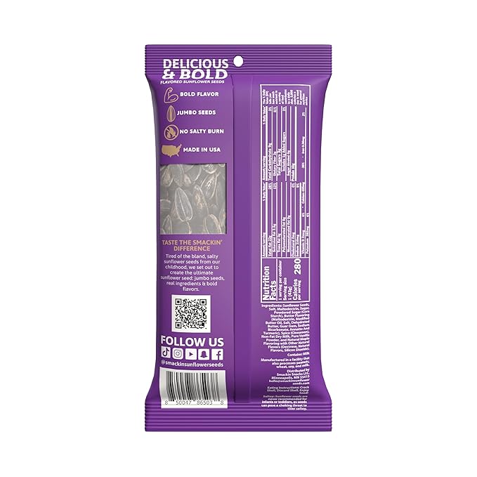 SMACKIN' Sunflower Seeds, Roasted Jumbo Small-Batch, American Made - Cinnamon Churro. 1.5oz bags