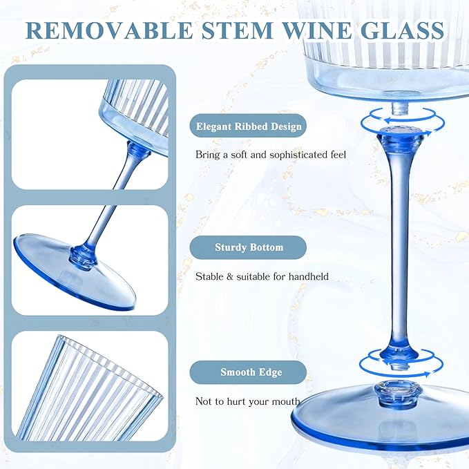 48 PCS Blue Ribbed Plastic Wine Glasses 13.5 OZ Ribbed Wine Glasses Detachable Wine Glass Elegant