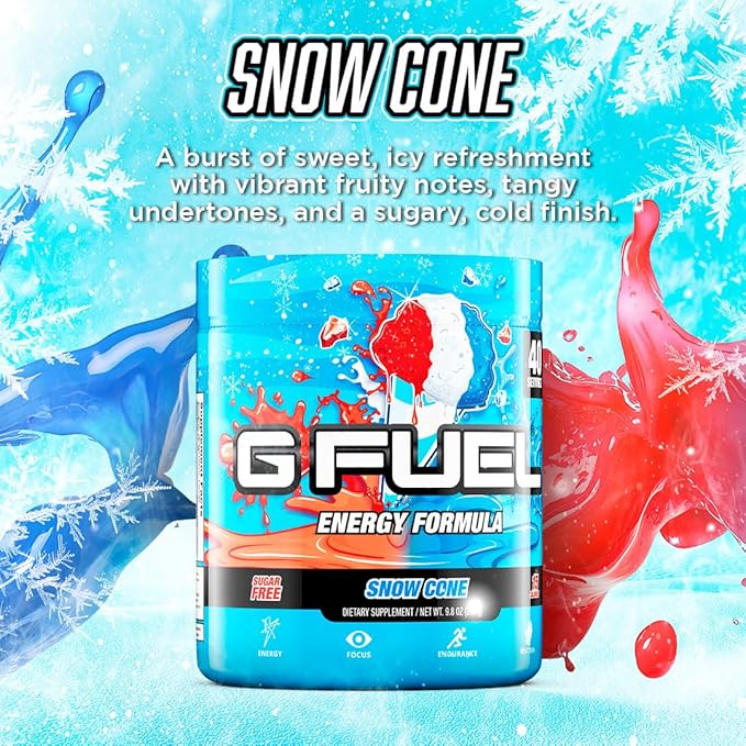 G Fuel Snow Cone Energy Drink Powder, Pre Workout Caffeine Mix for Gaming, Sugar Free Focus Amino