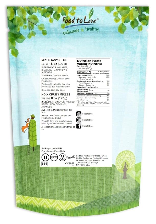 Food to Live - Mixed Raw Nuts, 8 Ounces Cashews, Brazil Nuts, Walnuts, Almonds, Unsalted, Raw