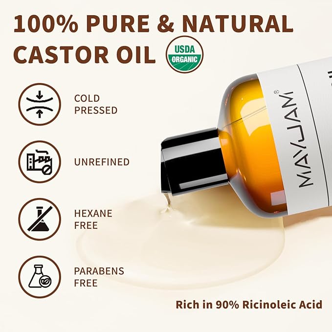 Organic Castor Oil 16 oz, 100% Pure Cold Pressed Castor Oils for Hair Growth, Eyebrows, Eyelash