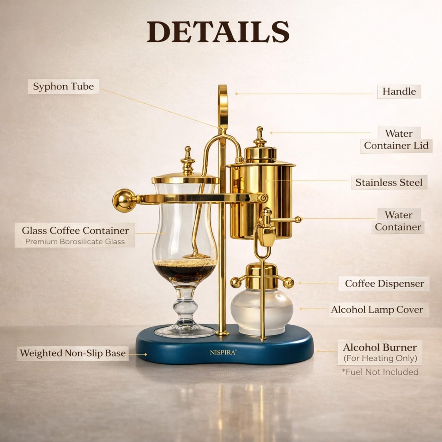 Nispira Belgian Balance Syphon Vacuum Coffee Maker, 500ml Vintage Gravity Brewing System, Gold &