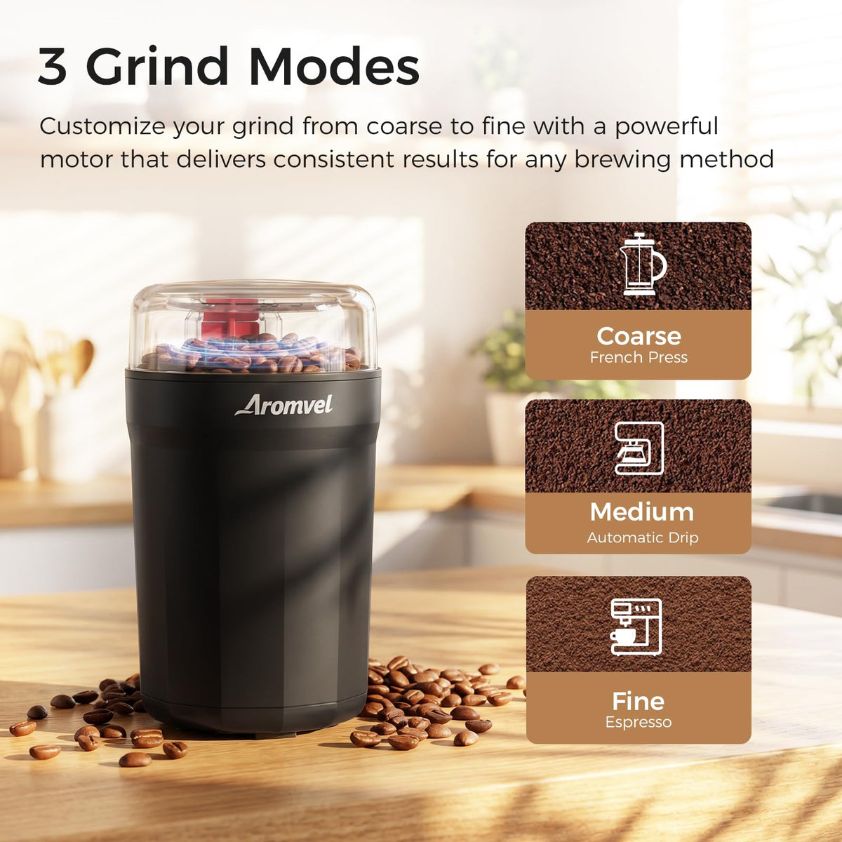 Aromvel Electric Coffee Grinder, 2-in-1 Cleaning Brush & Scoop, Safety Lid