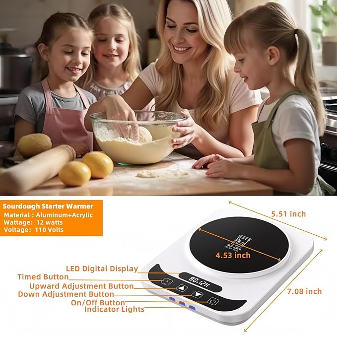 Sourdough Starter Warmer Mat - 12H Timer & Precise 1°F Thermostat (70-100°F) - Auto On/Off - Fits