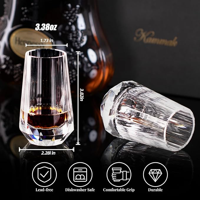 KAMMAK Crystal Whiskey Glasses Set of 2, Handcrafted Shot Glasses Stemless, 3.38oz Hand Blown White