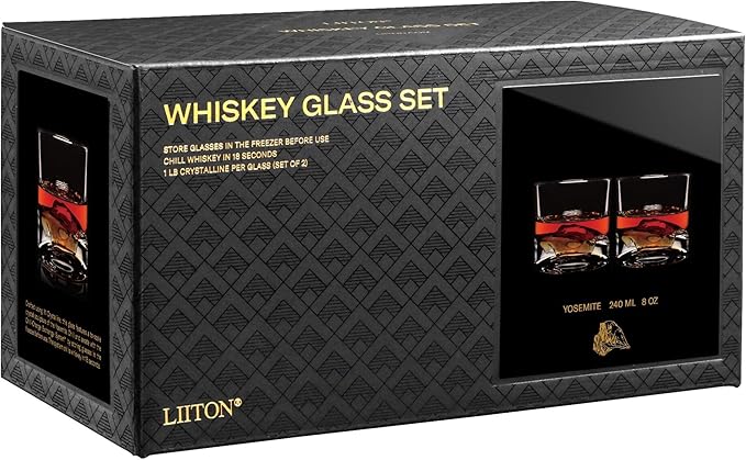 Yosemite Heavy Crystal Whiskey Glasses Gift Set of 2, Thick Freezable Bourbon Glass 1lb Each