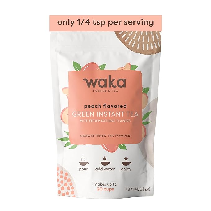 Waka Instant Green Tea Mix, Peach Flavored - 100% Tea Leaves, No Additives, Unsweetened