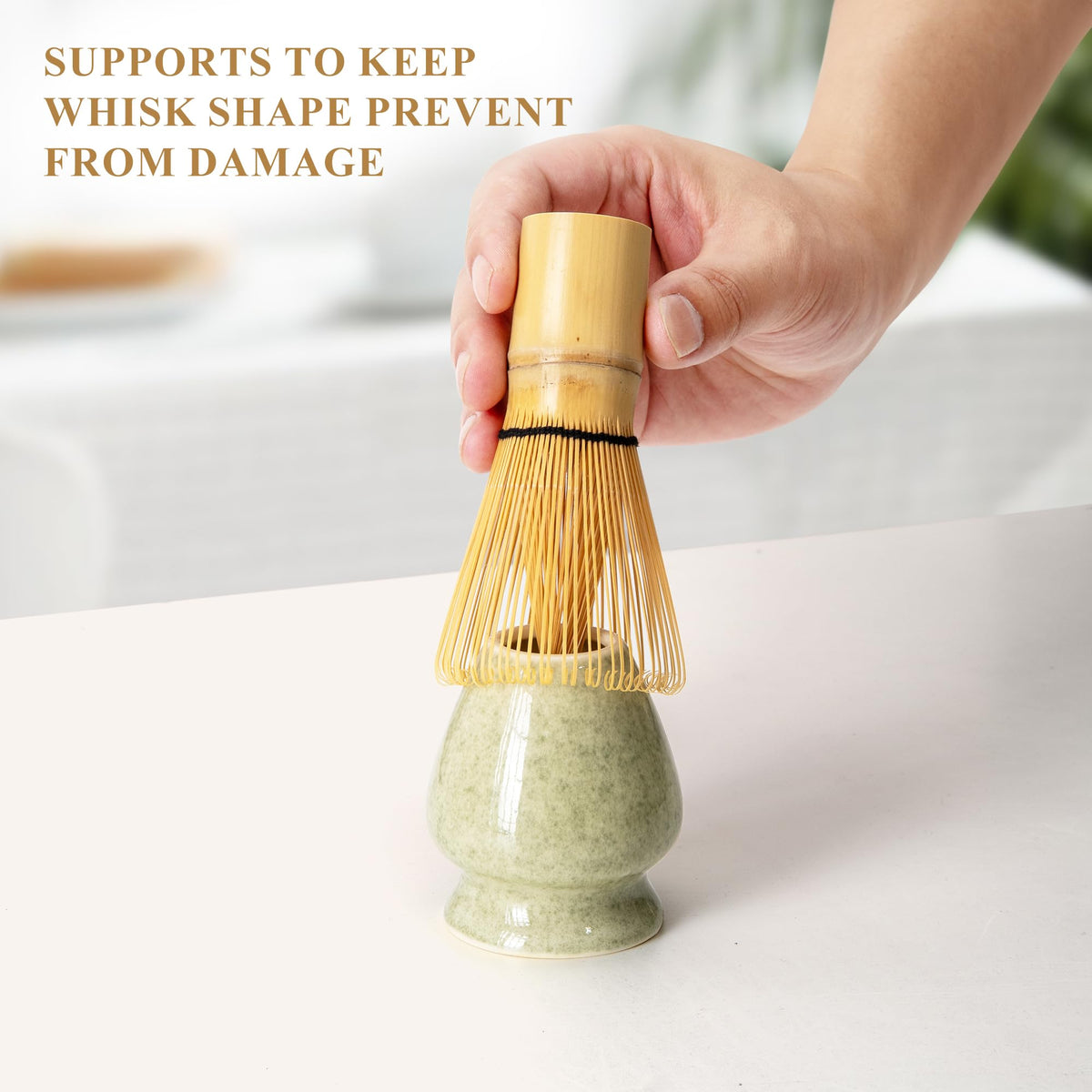 Matcha Whisk Set, Matcha Making Kit Whisk (Chasen Holder), Ceramic Whisk Holder (Mottled Green)