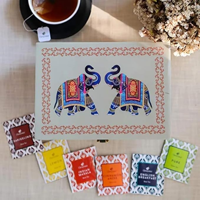 Octavius Gift's Select - Assorted Tea in Elephant Printed Wooden Box | 6 Flavors, 90 Tea Bags |