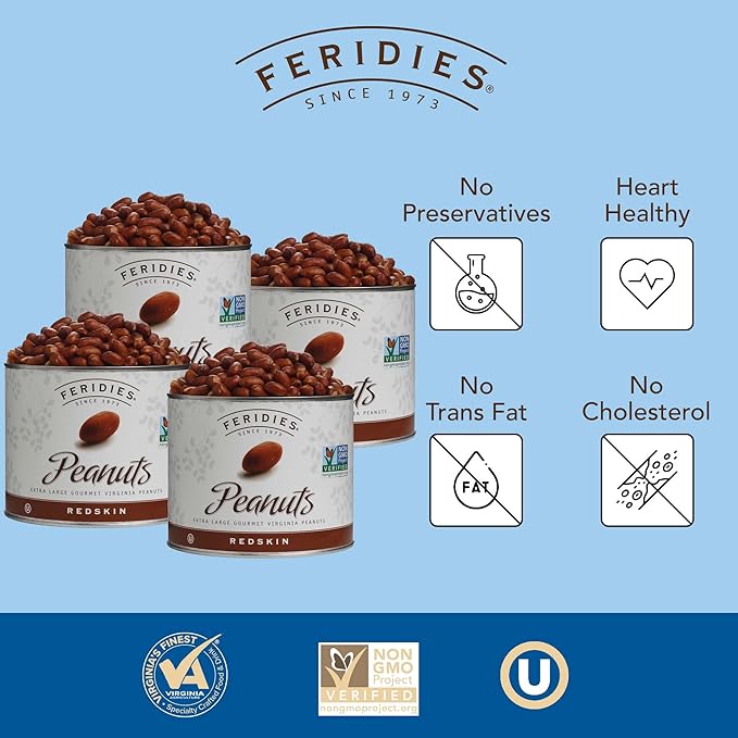FERIDIES Skin On Extra-Large Salted Virginia Peanuts Cooked in Peanut Oil, Non-Gmo, Kosher 36oz