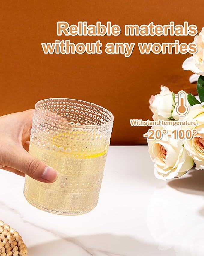 YOUBET 24PCS Plastic Hobnail Drinking Glasses - 14 Oz Clear Vintage Glasses Drinkware - Disposable