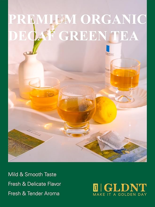 GLDNT Organic Decaf Green Tea Bags, Organic Green Tea Decaffeinated, Smooth Flavor, Super