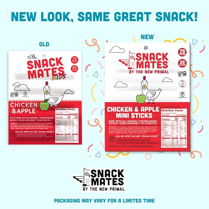 New Primal Snack Mates Chicken & Apple Sticks, Gluten Free Healthy Snacks for Kids, Low Sugar High