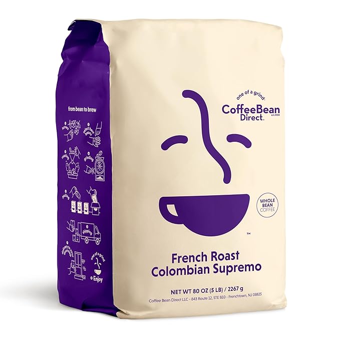Coffee Bean Direct French Roast Colombian Supremo, Whole Bean Coffee, Dark Roast, 5 Pound Bag (Pack