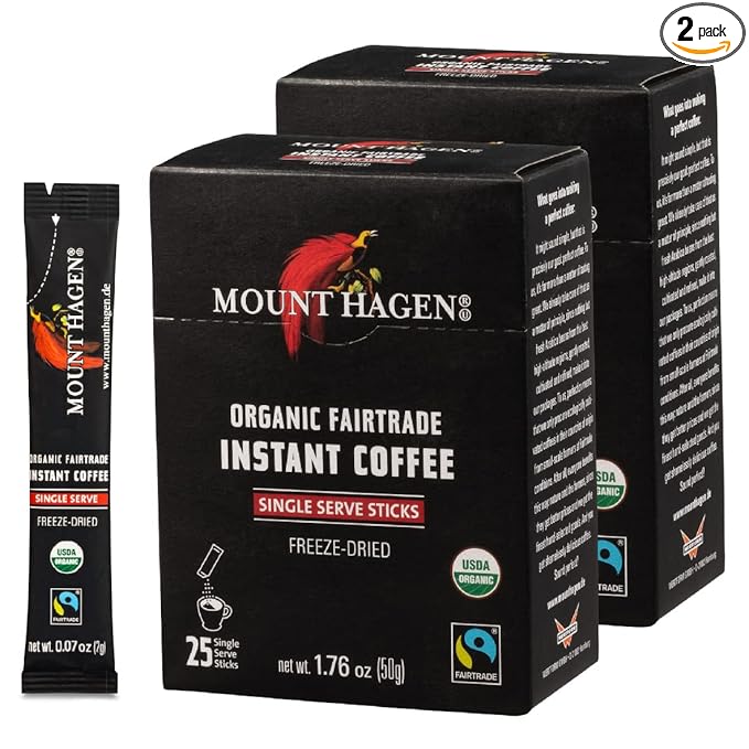 Mount Hagen 25 Count Single Serve Instant Coffee Packets - 2 Pack | Organic Medium Roast Arabica