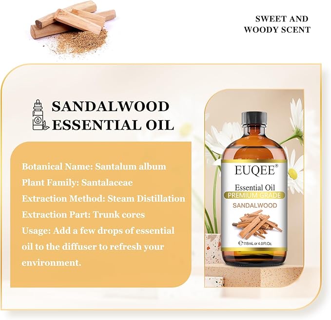 Sandalwood Essential Oil(4 oz/118 ml) Sandalwood Oil Oil with Glass Dropper, Great for Diffusers
