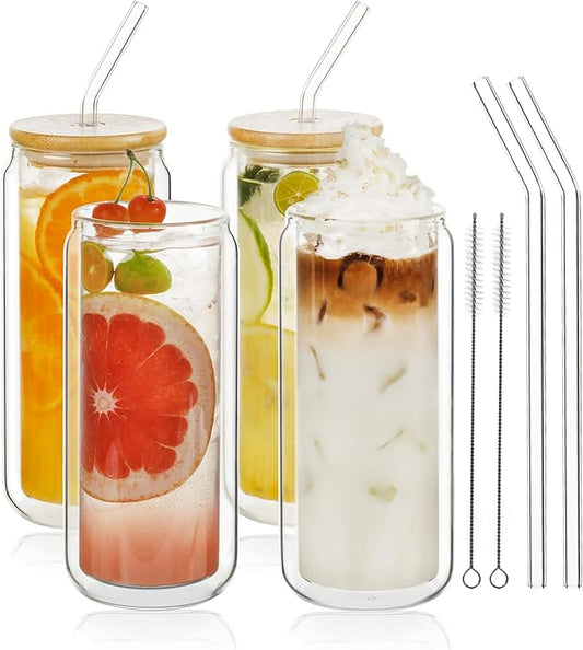 LIBWYS 16oz Double Wall Drinking Glass Cups with Bamboo Lids and Straws, 4 Pc Set ??Condensation