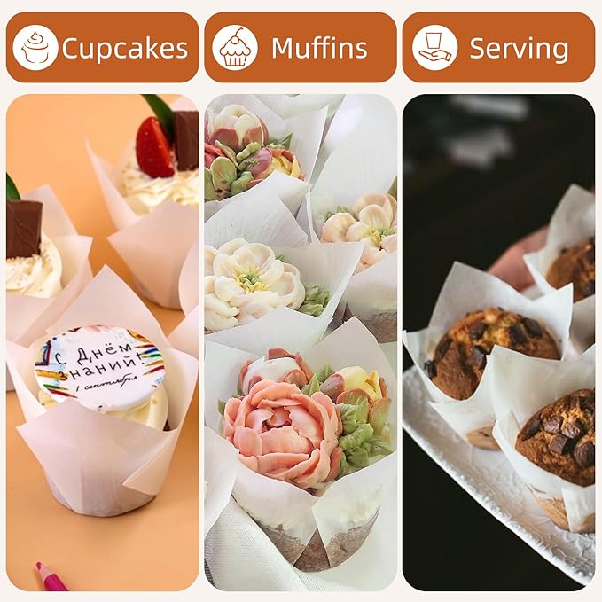 200pcs White Tulip Cupcake Liners for Baking Cups, Premium Parchment paper Tulip Muffin Liners