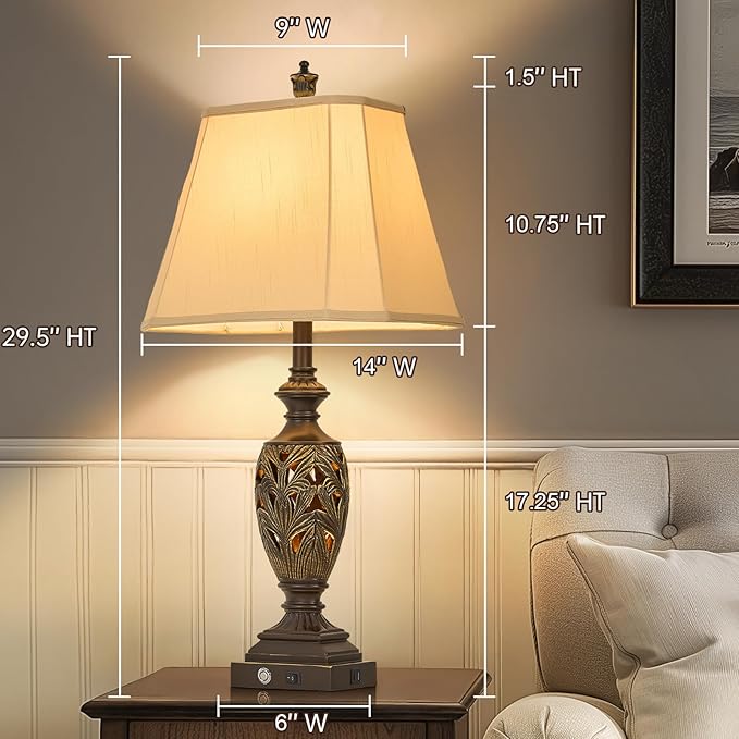29.5" H Touch Traditional Table Lamp Set of 2,Vintage Bedside Nightstand Lamps with Dual USB and