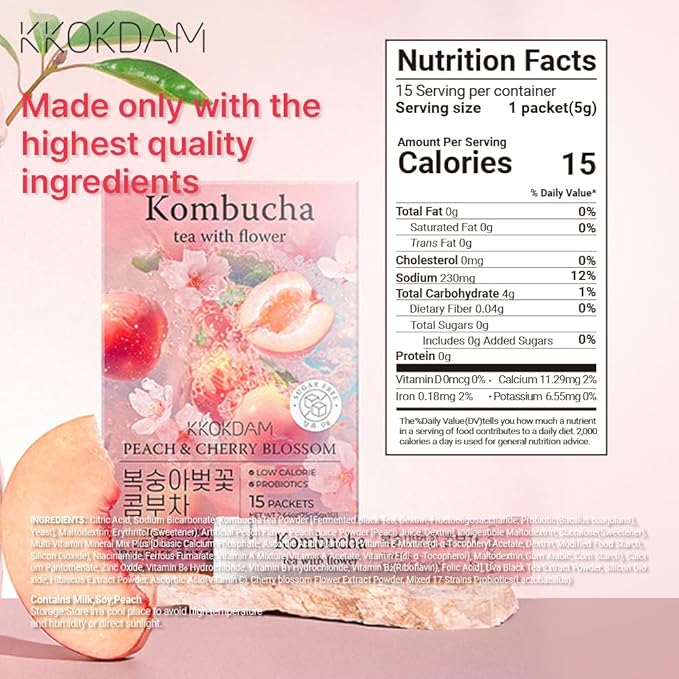 KKOKDAM Kombucha Tea - Peach & Cherryblossom Korean Tea - Kombucha Drinks Probiotic Support, Low