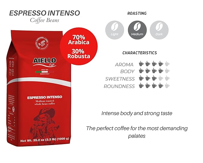 Aiello Caffe Italian Espresso Coffee Beans 2.2 LB Bag, Medium Whole Bean Coffee Freshly Roasted and