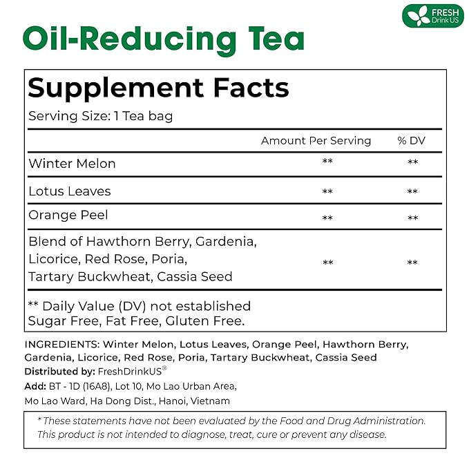 FRESHDRINKUS, 30 Packs of Oil Reducing Tea, Oil Cleansing for Liver, 10 Herbal Ingredients