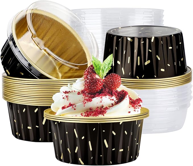EUSOAR Foil Ramekins with Lids, Black 25Packs 5oz Disposable Baking Cups Foil Liner Cupcake