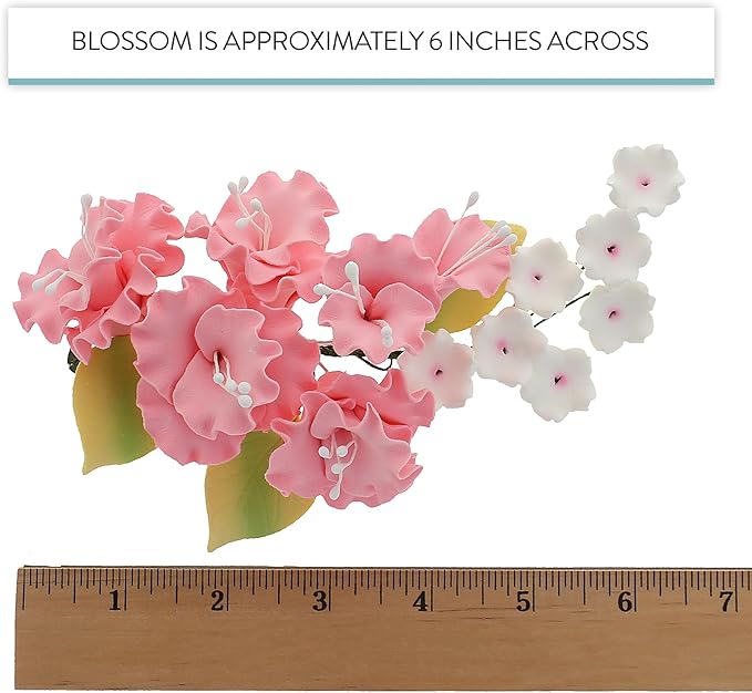 Sugar Blossom Cake Spray – Gumpaste Flowers for Cake Decorating – Pink Cherry Blossoms with Green