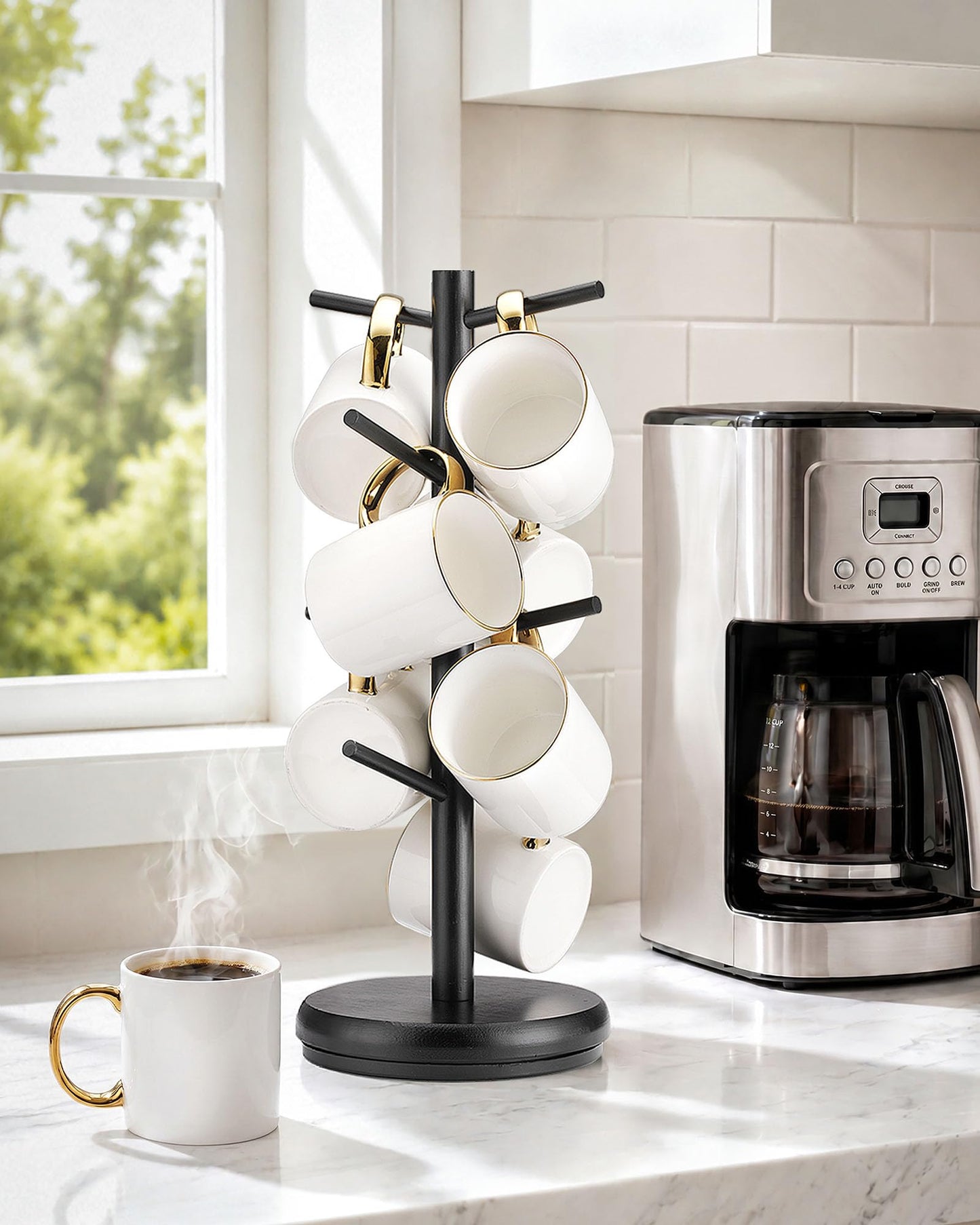 Lorbro Coffee Mug Tree, 360° Rotating Wooden Mug Holder with 8 Hooks