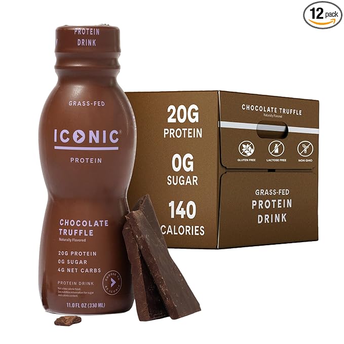 Iconic Protein Drinks, Chocolate Truffle (12 Pack) - Sugar Free & Low Carb - 20g Grass Fed Protein