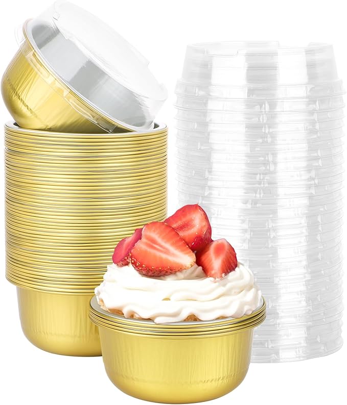 Beasea Aluminum Ramekins With Lids, 50 Pack 6.1oz 180ml Disposable Foil Aluminum Baking Cups Round