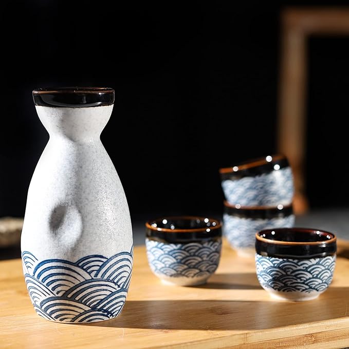 Sake Set Ceramic Japanese Sake Set of 7 include 1 Sake bottle 6 Sake Cups for Hot or Cold Sake at